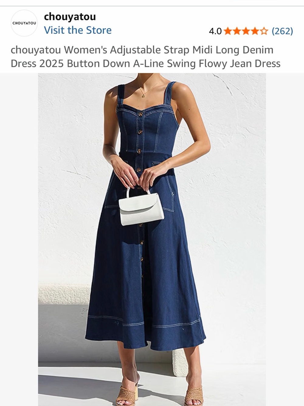 Amazon Women's Navy Blue Denim Button-Front Adjustable Strap Midi Dress